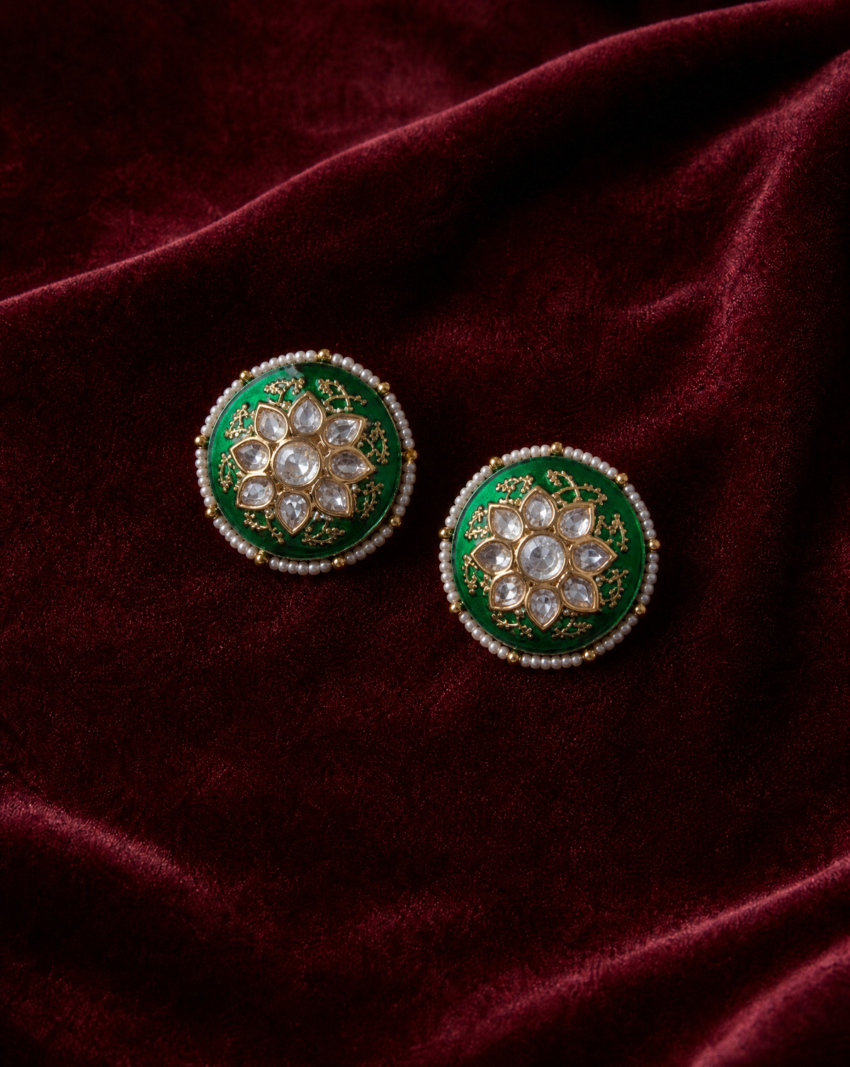 22K Gold Plated Emerald Green Kundan Polki Stud Earrings | Traditional Jewelry