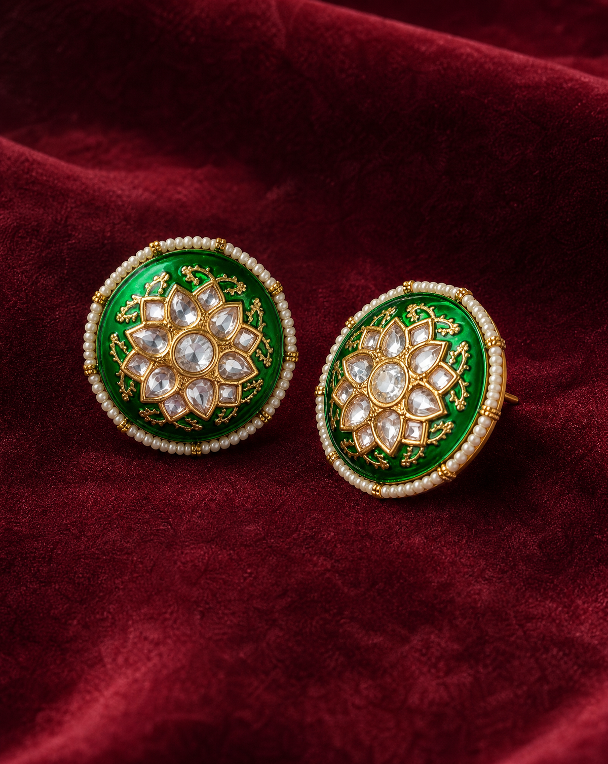 22K Gold Plated Emerald Green Kundan Polki Stud Earrings | Traditional Jewelry