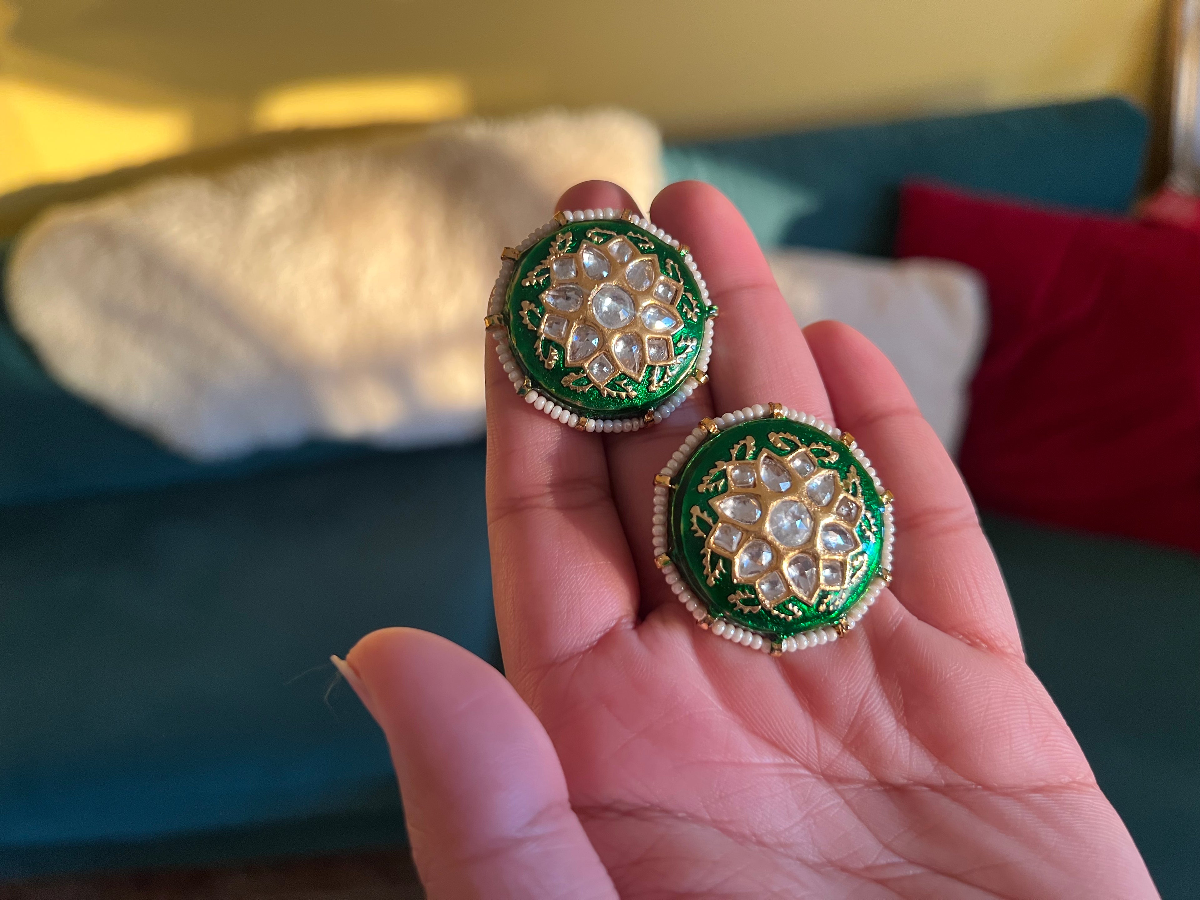 22K Gold Plated Emerald Green Kundan Polki Stud Earrings | Traditional Jewelry